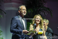 Lee Francis, Standard Bank with host Juliet Mann. Awards for Excellence 2025. Photo by Callum Staley (CJS Photography)