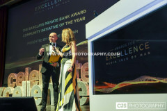 Graeme Sullivan, Barclays Private Bank with host Juliet Mann. Awards for Excellence 2025. Photo by Callum Staley (CJS Photography)