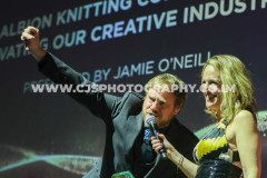 Jamie O’Neill, The Albion Knitting Co with host Juliet Mann. Awards for Excellence 2025. Photo by Callum Staley (CJS Photography)