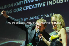 Jamie O’Neill, The Albion Knitting Co with host Juliet Mann. Awards for Excellence 2025. Photo by Callum Staley (CJS Photography)