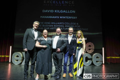 Manannan’s Winterfest winners of The King William’s College & The Buchan School Award for Nurturing our Arts, Culture and Heritage. Presented by Damian Henderson, King William’s College & The Buchan School and host Juliet Mann.  Awards for Excellence 2025. Photo by Callum Staley (CJS Photography)