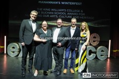 Manannan’s Winterfest winners of The King William’s College & The Buchan School Award for Nurturing our Arts, Culture and Heritage. Presented by Damian Henderson, King William’s College & The Buchan School and host Juliet Mann.  Awards for Excellence 2025. Photo by Callum Staley (CJS Photography)