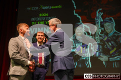 Callum & Ryan Crowe, Sports Team of the Year winners with host James Davis. Isle of Man Sports Awards 2024. Photo by Callum Staley (CJS Photography)