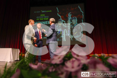 Callum & Ryan Crowe, Sports Team of the Year winners with host James Davis. Isle of Man Sports Awards 2024. Photo by Callum Staley (CJS Photography)
