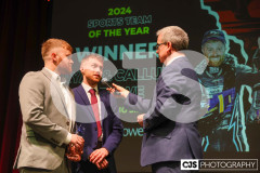 Callum & Ryan Crowe, Sports Team of the Year winners with host James Davis. Isle of Man Sports Awards 2024. Photo by Callum Staley (CJS Photography)