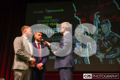 Callum & Ryan Crowe, Sports Team of the Year winners with host James Davis. Isle of Man Sports Awards 2024. Photo by Callum Staley (CJS Photography)