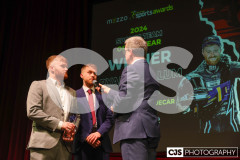 Callum & Ryan Crowe, Sports Team of the Year winners with host James Davis. Isle of Man Sports Awards 2024. Photo by Callum Staley (CJS Photography)
