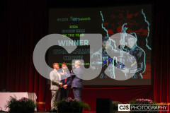 Callum & Ryan Crowe, Sports Team of the Year winners with host James Davis. Isle of Man Sports Awards 2024. Photo by Callum Staley (CJS Photography)