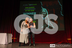 Sam Jones (Media Isle of Man) presenting Niamh Goddard (Hockey) with the Media Isle of Man Sports Administrator of the Year Award. Isle of Man Sports Awards 2024. Photo by Callum Staley (CJS Photography)