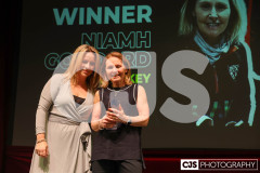 Sam Jones (Media Isle of Man) presenting Niamh Goddard (Hockey) with the Media Isle of Man Sports Administrator of the Year Award. Isle of Man Sports Awards 2024. Photo by Callum Staley (CJS Photography)