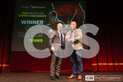 Chief Minister Hon Alfred Cannan presenting a representative of Billy Harris (Tennis) with the IoM Ambassador of the Year Award. Isle of Man Sports Awards 2024. Photo by Callum Staley (CJS Photography)
