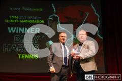 Chief Minister Hon Alfred Cannan presenting a representative of Billy Harris (Tennis) with the IoM Ambassador of the Year Award. Isle of Man Sports Awards 2024. Photo by Callum Staley (CJS Photography)