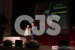 Georgia Taylor-Brown MBE (Great Britain Olympian, and former world champion, triathlete) with James Davis (host). Isle of Man Sports Awards 2024. Photo by Callum Staley (CJS Photography)