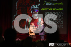 Georgia Taylor-Brown MBE (Great Britain Olympian, and former world champion, triathlete) with James Davis (host). Isle of Man Sports Awards 2024. Photo by Callum Staley (CJS Photography)