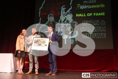Georgia Taylor-Brown MBE (Great Britain Olympian, and former world champion, triathlete) presenting Callum & Ryan Crowe with their Hall of Fame Photograph. Isle of Man Sports Awards 2024. Photo by Callum Staley (CJS Photography)