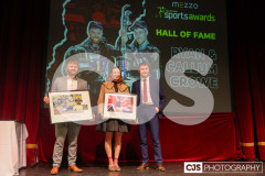 Georgia Taylor-Brown MBE (Great Britain Olympian, and former world champion, triathlete) presenting Callum & Ryan Crowe with their Hall of Fame Photograph. Isle of Man Sports Awards 2024. Photo by Callum Staley (CJS Photography)