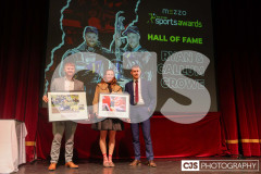 Georgia Taylor-Brown MBE (Great Britain Olympian, and former world champion, triathlete) presenting Callum & Ryan Crowe with their Hall of Fame Photograph. Isle of Man Sports Awards 2024. Photo by Callum Staley (CJS Photography)