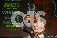 Sam Jones presenting Newfield Limited Under-21 Sportsman of the Year Award to Regan Corrin (Athletics). Isle of Man Sports Awards 2024. Photo by Callum Staley (CJS Photography)