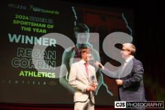 Regan Corrin (Athletics), Under-21 Sportsman of the Year with host James Davis. Isle of Man Sports Awards 2024. Photo by Callum Staley (CJS Photography)