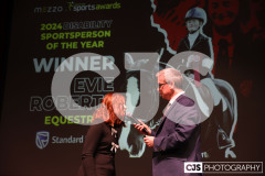 Evie Roberts, Disability Sportsperson of the Year (Equestrian) with host James Davis. Isle of Man Sports Awards 2024. Photo by Callum Staley (CJS Photography)