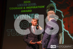 Rory Turner recipient of the Leonie Cooil Courage and Inspiration Award with host James Davis. Isle of Man Sports Awards 2024. Photo by Callum Staley (CJS Photography)