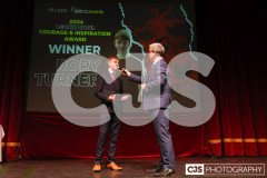 Rory Turner recipient of the Leonie Cooil Courage and Inspiration Award with host James Davis. Isle of Man Sports Awards 2024. Photo by Callum Staley (CJS Photography)