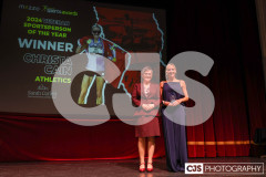 Sarah Corlett presenting Christa Cain (Athletics) with Sarah Corlett Town Planning Consultancy Ltd Veteran Sportsperson of the Year Award. Isle of Man Sports Awards 2024. Photo by Callum Staley (CJS Photography)