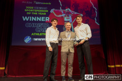 Tom and Luke collecting Veteran Sportsperson of the Year sponsored by BD Construction on behalf of sister Christa Cain (Athletics). Isle of Man Sports Awards 2025. Photo by Callum Staley (CJS Photography)