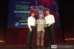 Tom and Luke collecting Veteran Sportsperson of the Year sponsored by BD Construction on behalf of sister Christa Cain (Athletics). Isle of Man Sports Awards 2025. Photo by Callum Staley (CJS Photography)