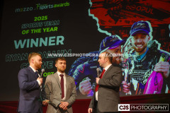Crowe IOM Sports Team of the Year Callum & Ryan Crowe (Motorsport) with host Rob Pritchard. Isle of Man Sports Awards 2025. Photo by Callum Staley (CJS Photography)