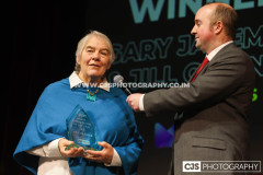 Media Isle of Man Sports Administrator of the Year Jill Gillings (Island Games) with host Rob Pritchard. Isle of Man Sports Awards 2025. Photo by Callum Staley (CJS Photography)
