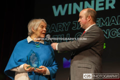 Media Isle of Man Sports Administrator of the Year Jill Gillings (Island Games) with host Rob Pritchard. Isle of Man Sports Awards 2025. Photo by Callum Staley (CJS Photography)
