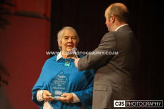 Media Isle of Man Sports Administrator of the Year Jill Gillings (Island Games) with host Rob Pritchard. Isle of Man Sports Awards 2025. Photo by Callum Staley (CJS Photography)