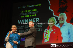 Media Isle of Man Sports Administrator of the Year Jill Gillings (Island Games) with host Rob Pritchard. Isle of Man Sports Awards 2025. Photo by Callum Staley (CJS Photography)