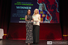 Marie Morgan collecting the IOM Sports Ambassador Award on behalf of Becky Storrie (Cycling). Isle of Man Sports Awards 2025. Photo by Callum Staley (CJS Photography)