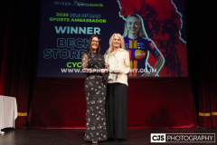 Marie Morgan collecting the IOM Sports Ambassador Award on behalf of Becky Storrie (Cycling). Isle of Man Sports Awards 2025. Photo by Callum Staley (CJS Photography)