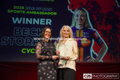Marie Morgan collecting the IOM Sports Ambassador Award on behalf of Becky Storrie (Cycling). Isle of Man Sports Awards 2025. Photo by Callum Staley (CJS Photography)