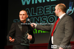 Achievement In The Isle of Man Award winner Albert Johnson (Athletics) with host Rob Pritchard. Isle of Man Sports Awards 2025. Photo by Callum Staley (CJS Photography)