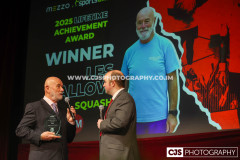 CM Partners Lifetime Achievement Award Winner Les Callow (Squash) with host Rob Pritchard. Isle of Man Sports Awards 2025. Photo by Callum Staley (CJS Photography)