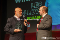 CM Partners Lifetime Achievement Award Winner Les Callow (Squash) with host Rob Pritchard. Isle of Man Sports Awards 2025. Photo by Callum Staley (CJS Photography)