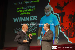CM Partners Lifetime Achievement Award Winner Les Callow (Squash) with host Rob Pritchard. Isle of Man Sports Awards 2025. Photo by Callum Staley (CJS Photography)