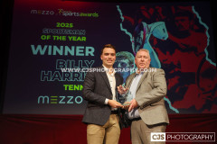 Andrew Farnworth the Chair of IOM Tennis collecting Sportsman of the Year on behalf of Billy Harris (Tennis). Isle of Man Sports Awards 2025. Photo by Callum Staley (CJS Photography)