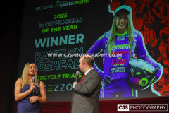 Mezzo Sportswoman of the Year Kaytlyn Adshead (Motorcycle Trials) with host Rob Pritchard. Isle of Man Sports Awards 2025. Photo by Callum Staley (CJS Photography)