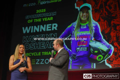 Mezzo Sportswoman of the Year Kaytlyn Adshead (Motorcycle Trials) with host Rob Pritchard. Isle of Man Sports Awards 2025. Photo by Callum Staley (CJS Photography)