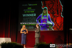 Mezzo Sportswoman of the Year Kaytlyn Adshead (Motorcycle Trials) with host Rob Pritchard. Isle of Man Sports Awards 2025. Photo by Callum Staley (CJS Photography)