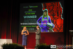 Mezzo Sportswoman of the Year Kaytlyn Adshead (Motorcycle Trials) with host Rob Pritchard. Isle of Man Sports Awards 2025. Photo by Callum Staley (CJS Photography)