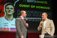 Rob Pritchard, host of Isle of Man Sports Awards 2025 with Guest of honour, GB Track Cyclist Matt Richardson. Isle of Man Sports Awards 2025. Photo by Callum Staley (CJS Photography)
