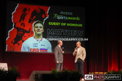 Rob Pritchard, host of Isle of Man Sports Awards 2025 with Guest of honour, GB Track Cyclist Matt Richardson. Isle of Man Sports Awards 2025. Photo by Callum Staley (CJS Photography)