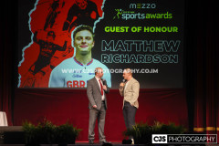 Rob Pritchard, host of Isle of Man Sports Awards 2025 with Guest of honour, GB Track Cyclist Matt Richardson. Isle of Man Sports Awards 2025. Photo by Callum Staley (CJS Photography)