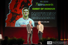 Rob Pritchard, host of Isle of Man Sports Awards 2025 with Guest of honour, GB Track Cyclist Matt Richardson. Isle of Man Sports Awards 2025. Photo by Callum Staley (CJS Photography)